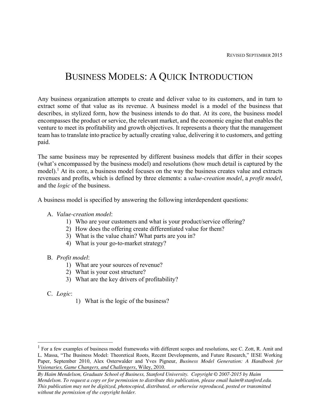 Mendelson - Business Models - A Quick Introduction, page 1