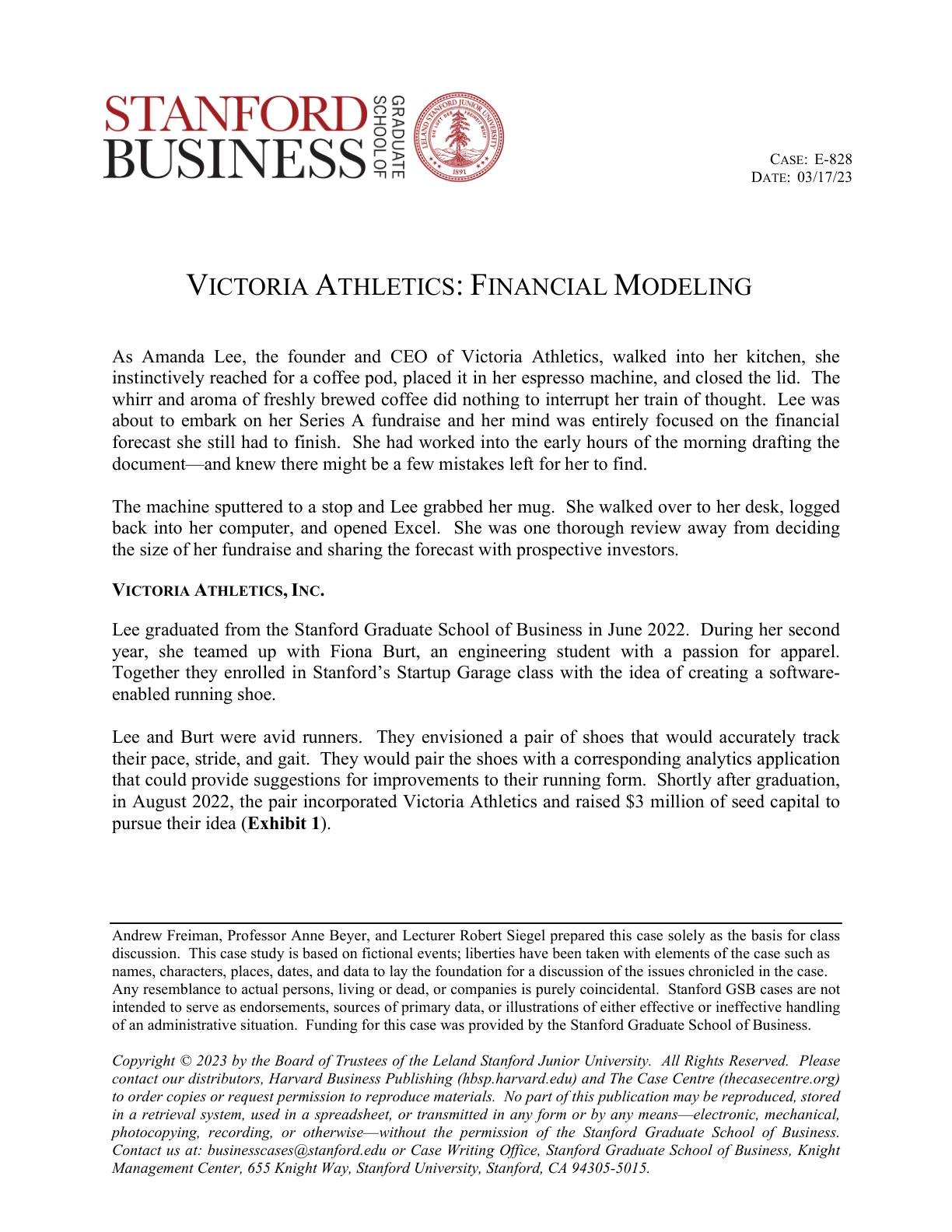 Beyer - Victoria Financial Modeling Case, page 1