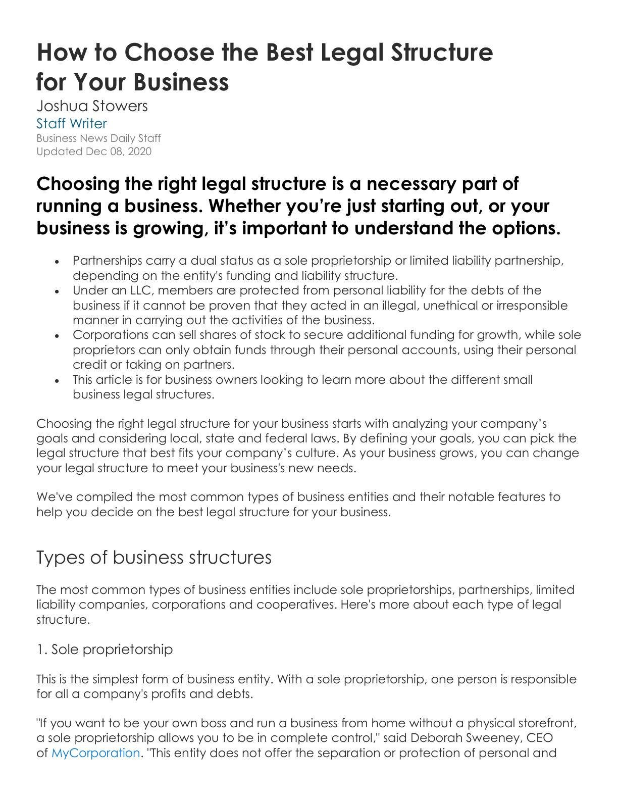 Reiss - How to Choose the Best Legal Structure for Your Business, page 1