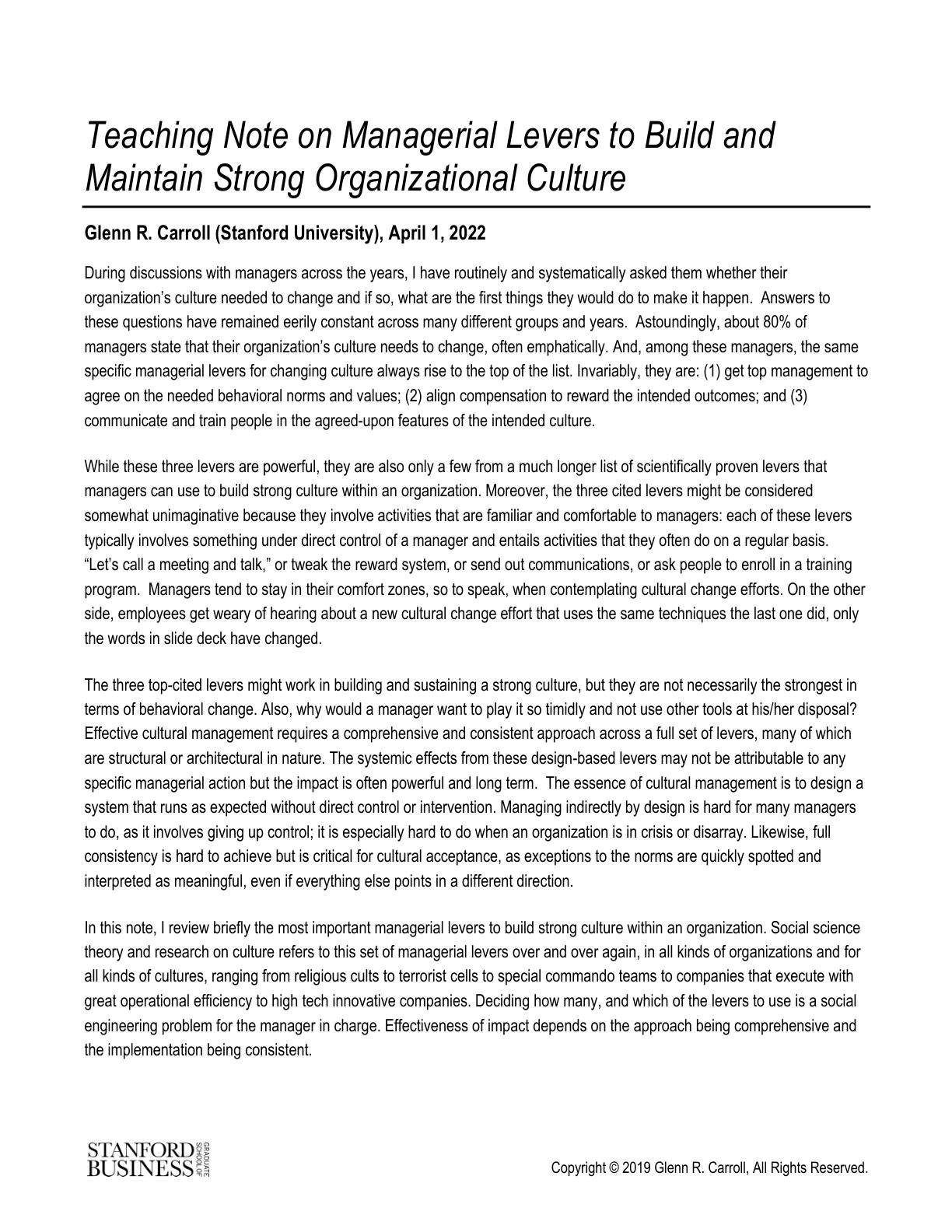 Carroll - Teaching Note on Managerial Levers to Build and Maintain Strong Organizational Culture, page 1