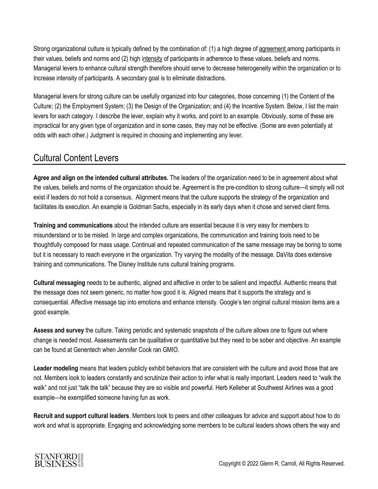 Carroll - Teaching Note on Managerial Levers to Build and Maintain Strong Organizational Culture, page 2