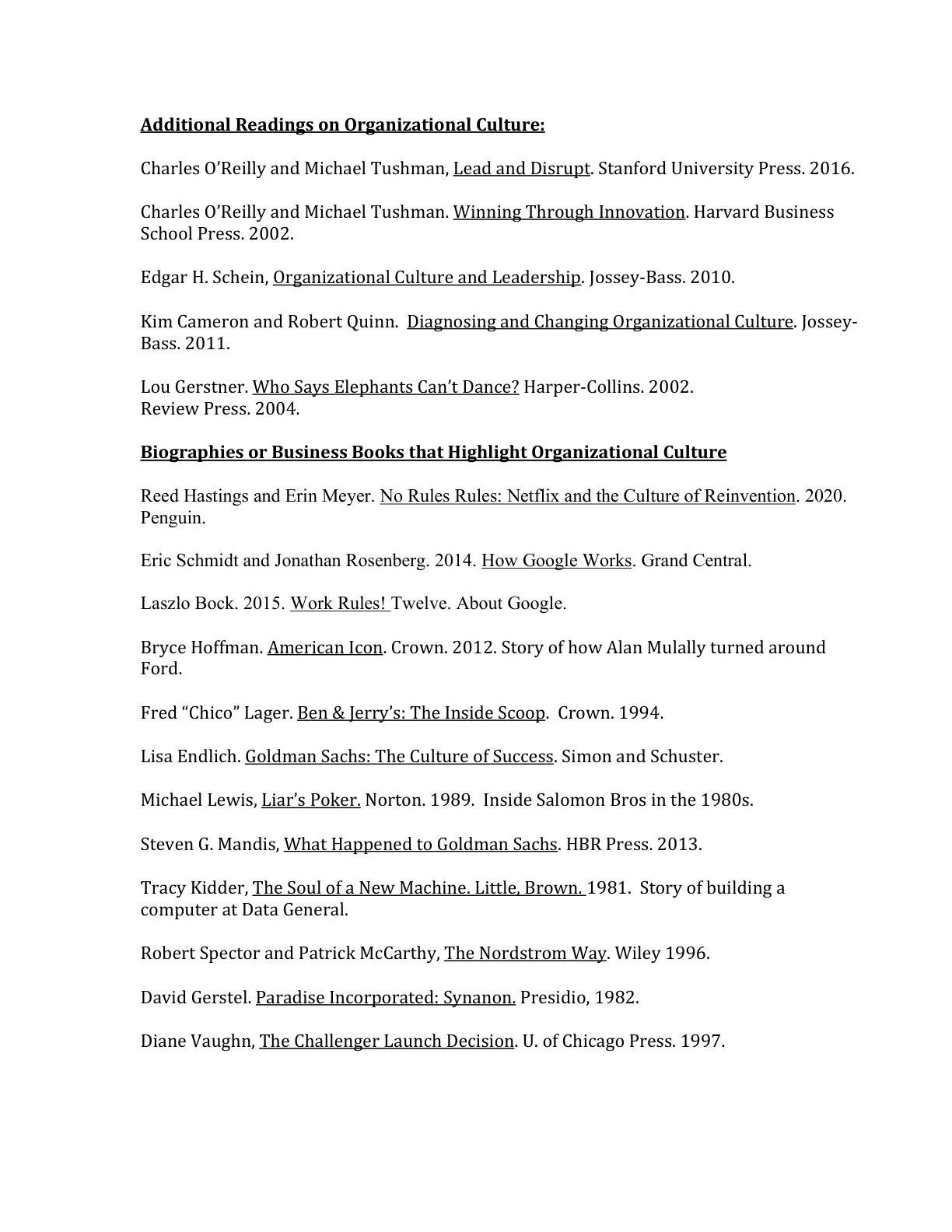 Carroll - Additional Readings on Organizational Culture, page 1