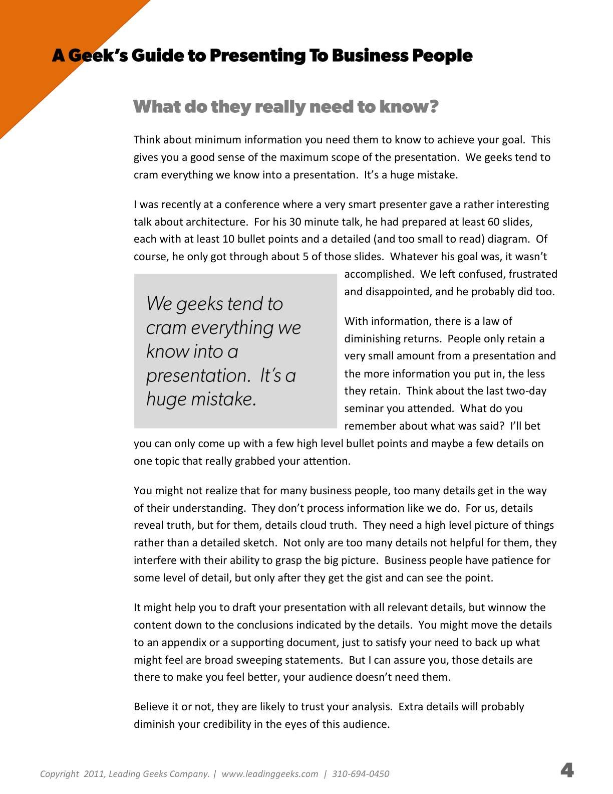 Abrahams - A Geeks Guide to Presenting to Business People, page 4