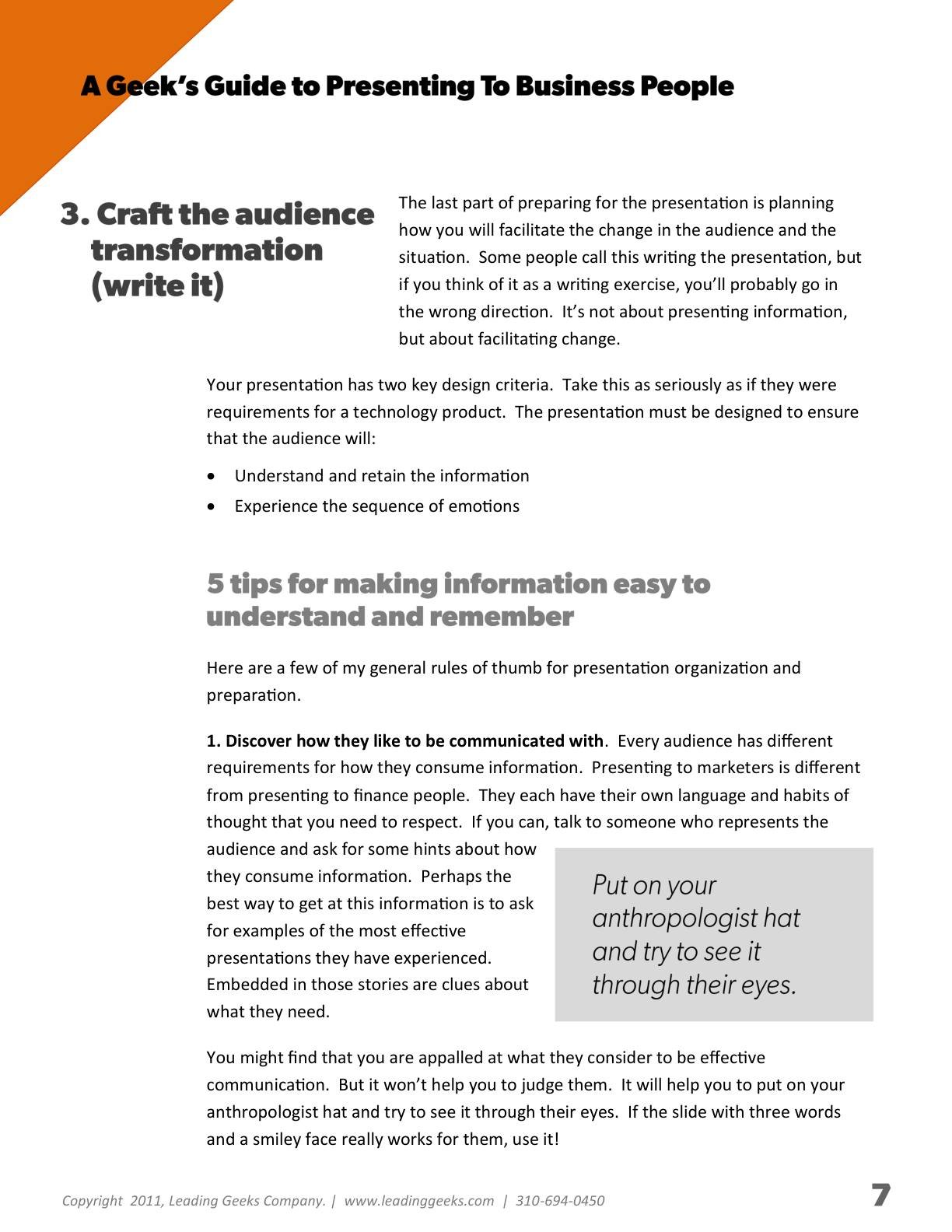 Abrahams - A Geeks Guide to Presenting to Business People, page 7