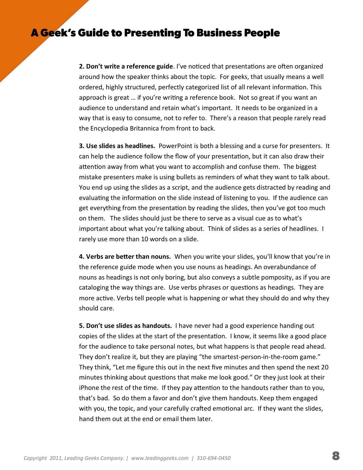 Abrahams - A Geeks Guide to Presenting to Business People, page 8
