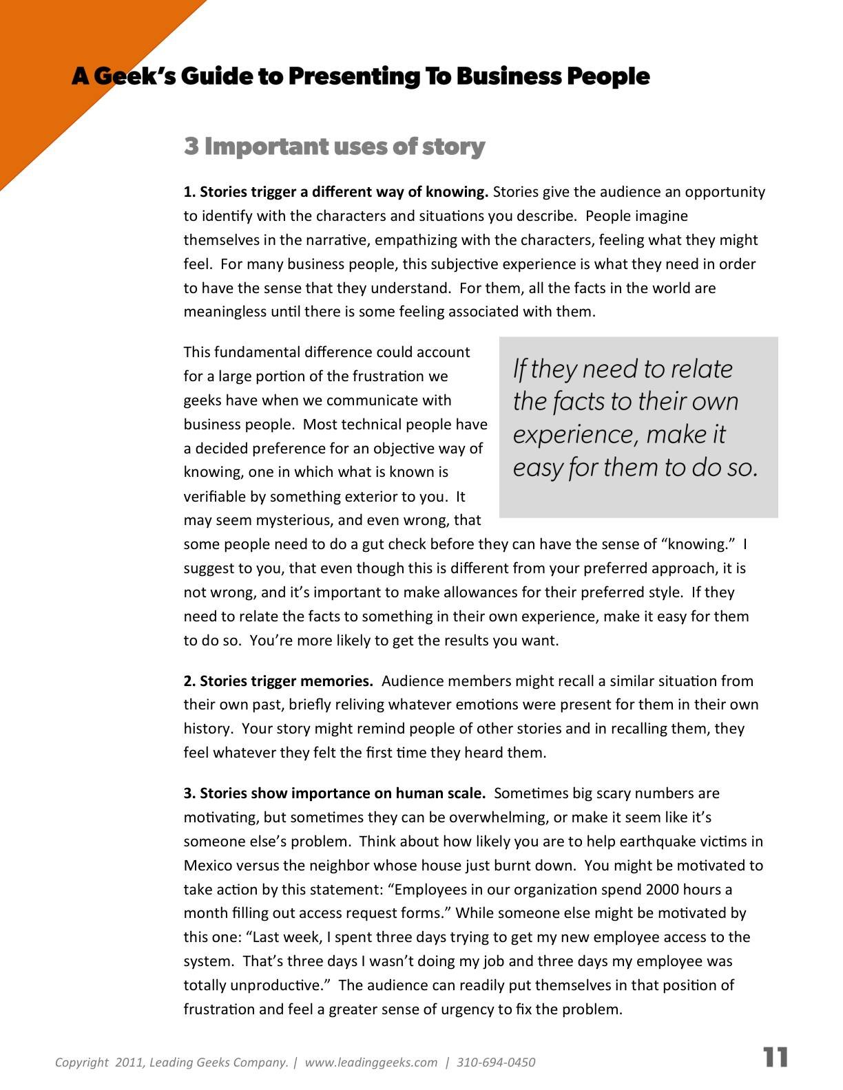 Abrahams - A Geeks Guide to Presenting to Business People, page 11