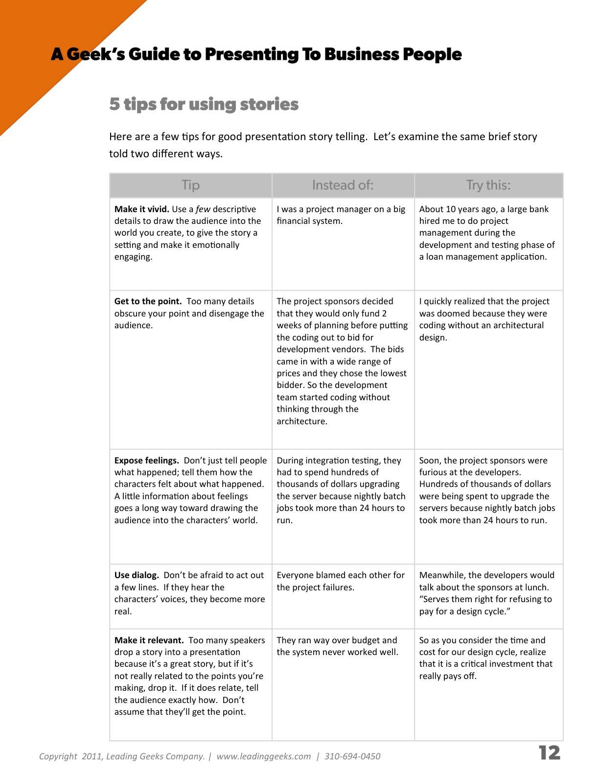 Abrahams - A Geeks Guide to Presenting to Business People, page 12